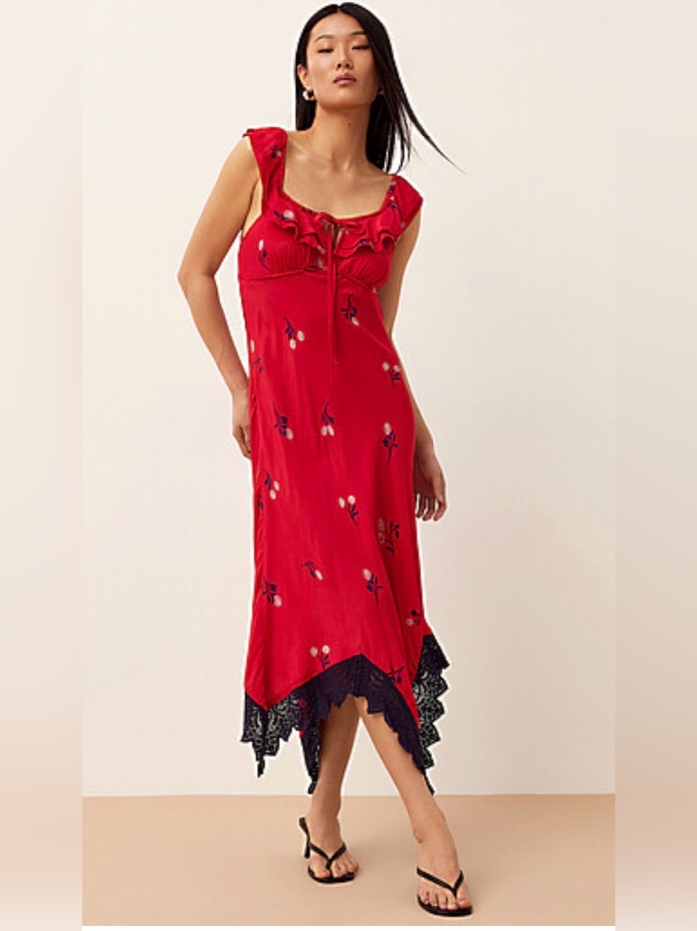 Free People Flock Together Midi Dress Red Lace Hem Size Small NWT - Picture 2 of 15